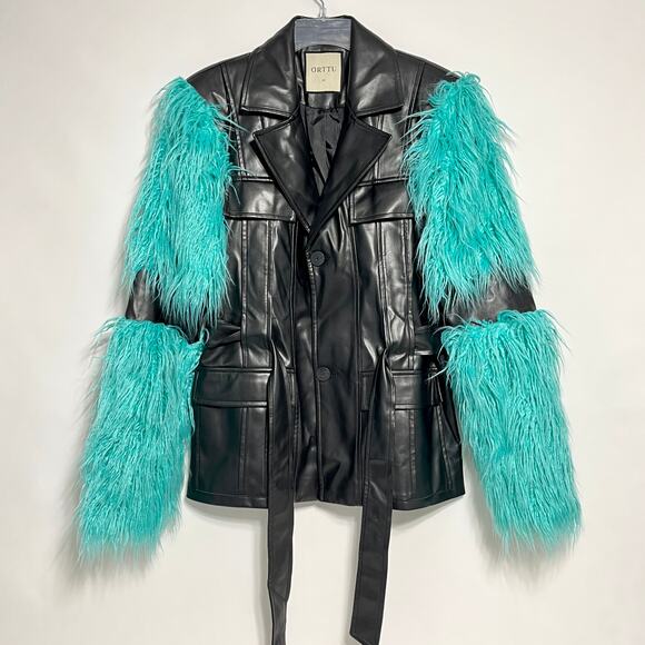 Orttu Freddie Jacket Military Style Faux Fur Black Vegan Faux Leather Aqua Belt - Picture 7 of 14